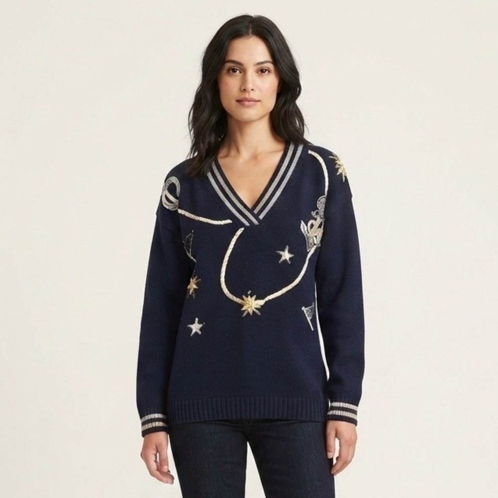 Vintage Joyce Nautical Sequin Anchor Sweater Navy Blue M Novelty Holiday